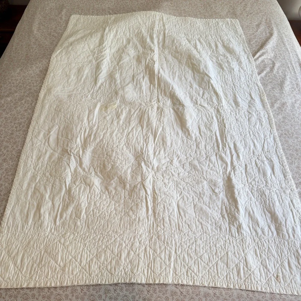 Vintage Hand Embroidered Baby Quilt White Cotton Kittens Birds Floral 54x36